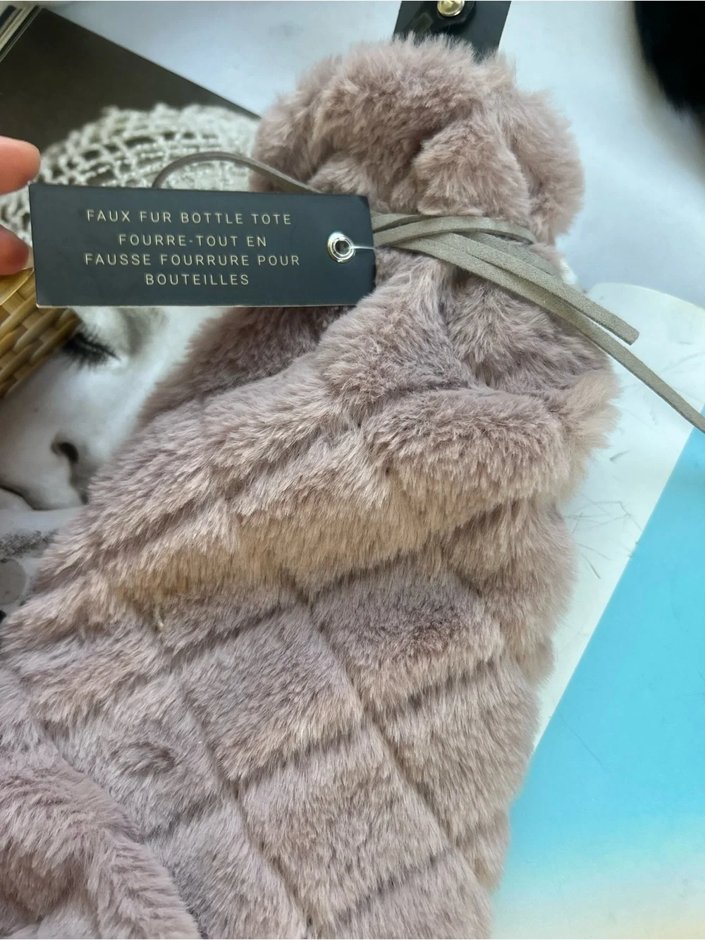 Rachel Zoe Taupe Faux Fur bottle tote holder